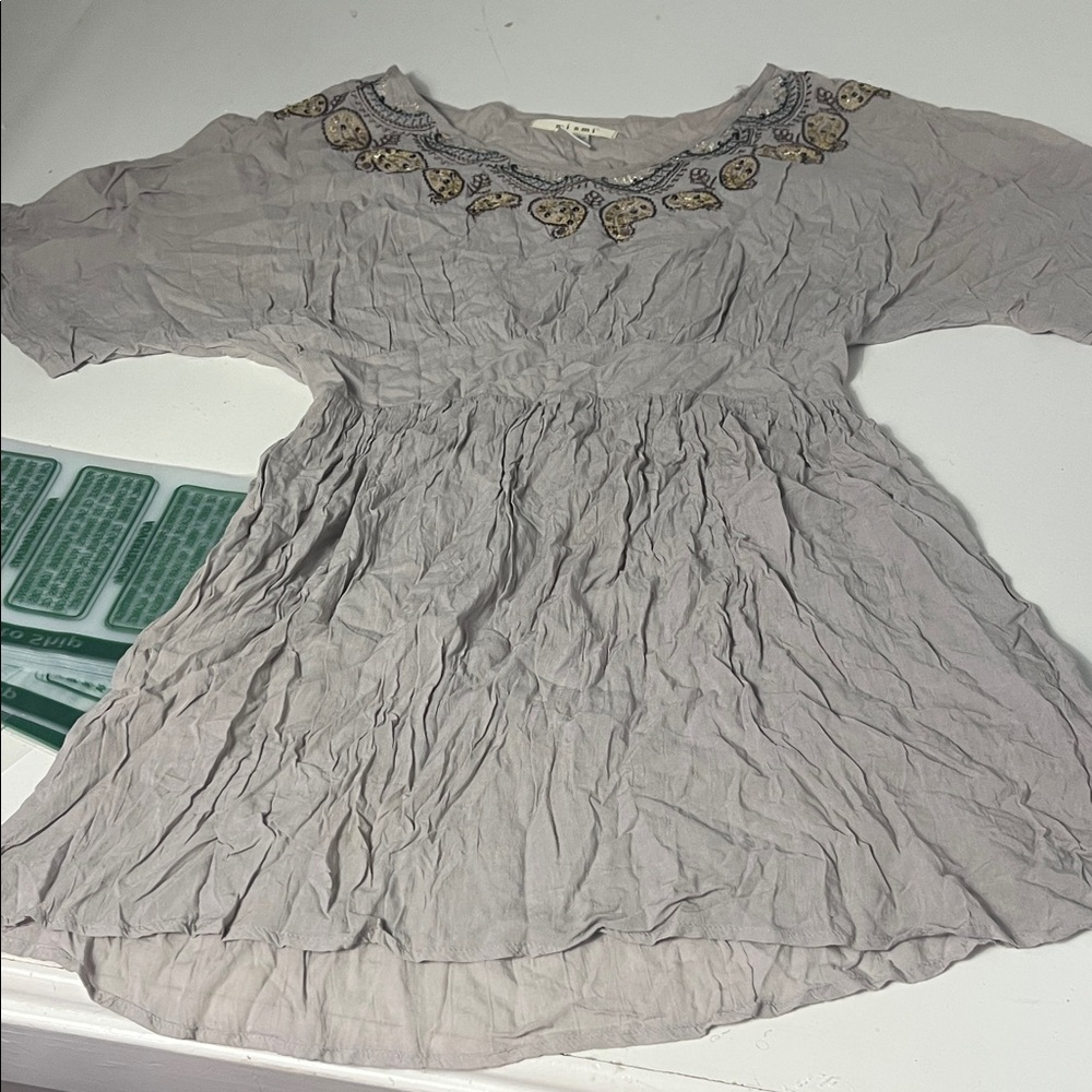 Miami Large Tan Embroidered Short Sleeve Batwing Tunic Style Top